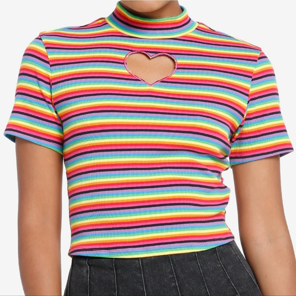 SOCIAL COLLISION Cropped Rainbow Stripe Heart Cutout Mock Neck Top Size Large